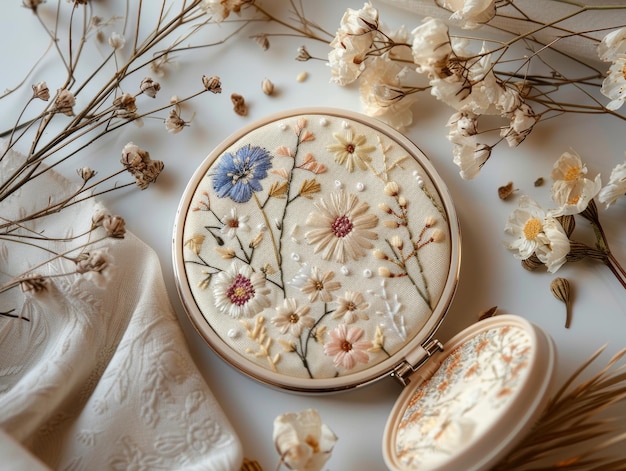 Koło z haftem kwiatowym na lnianym tle